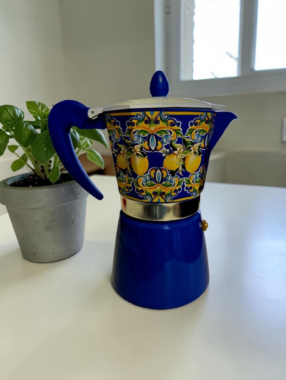 NEW Brandani 6 Cups Espresso Italian Coffee Maker Aluminum Moka Pot Blue/Yellow